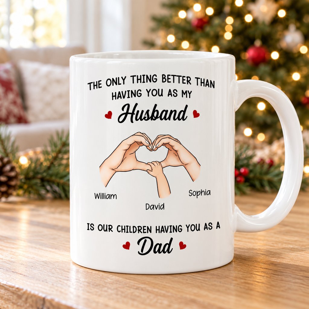 Personalized Husband Dad mug on wooden table with Christmas tree in background
