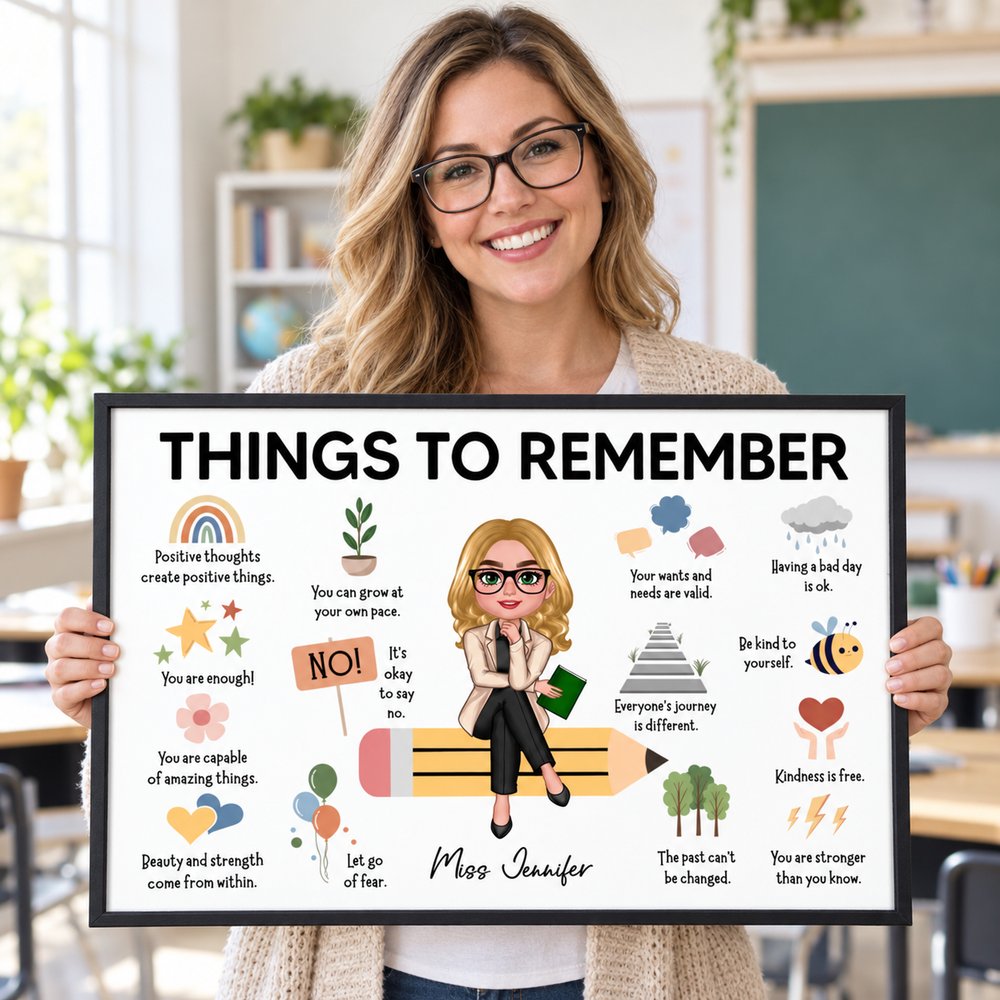 Happy female teacher holding her custom Things to Remember classroom poster gift