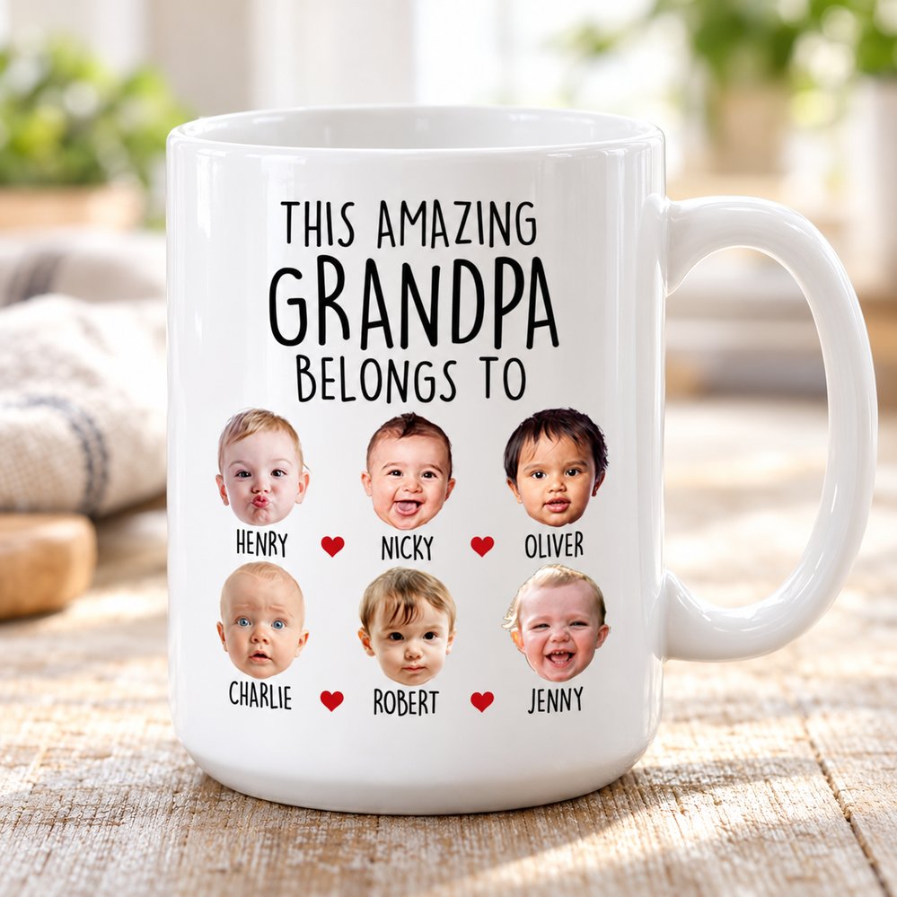 Close up detail of glossy ceramic mug print with baby faces and red hearts