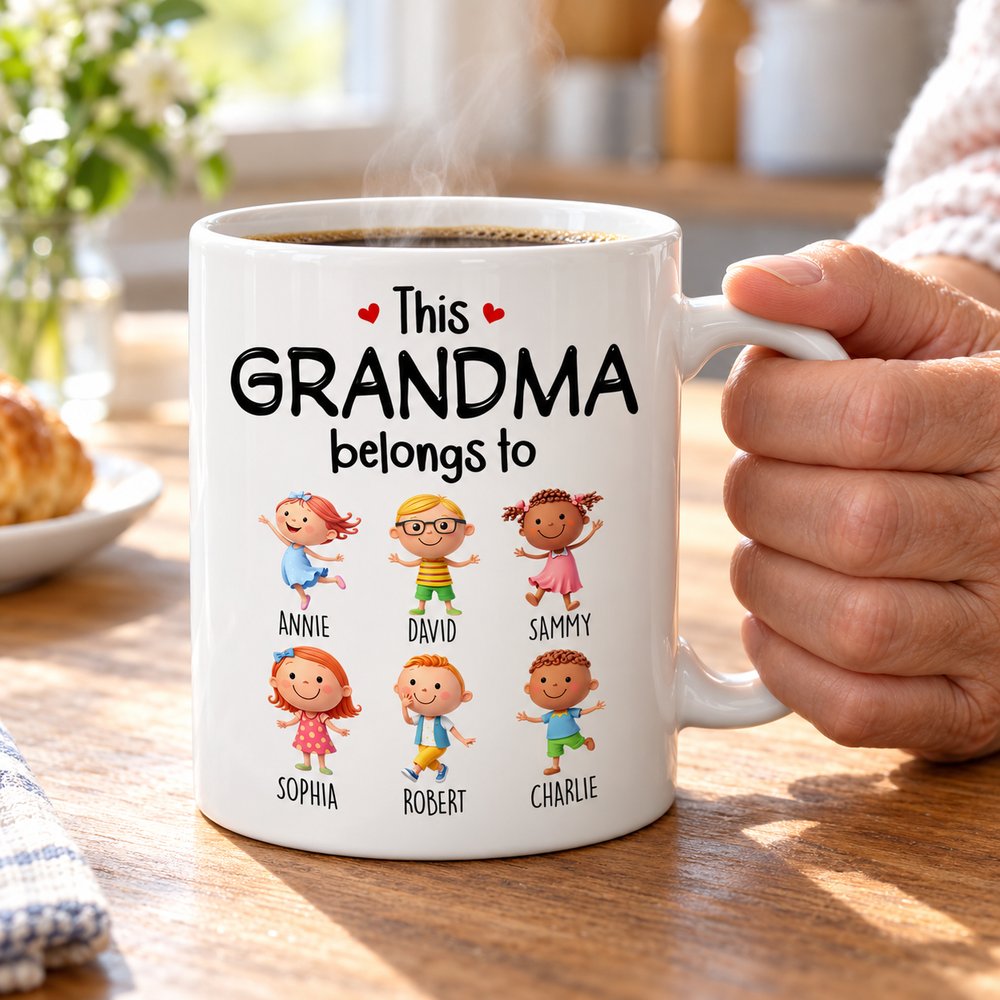 Personalized Grandma mug with steam rising held on wooden kitchen table in morning light