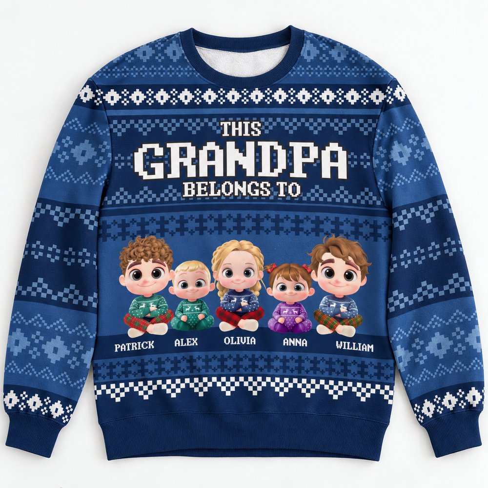 Close-up detail of print quality and fabric texture on personalized Grandpa Christmas ugly sweater