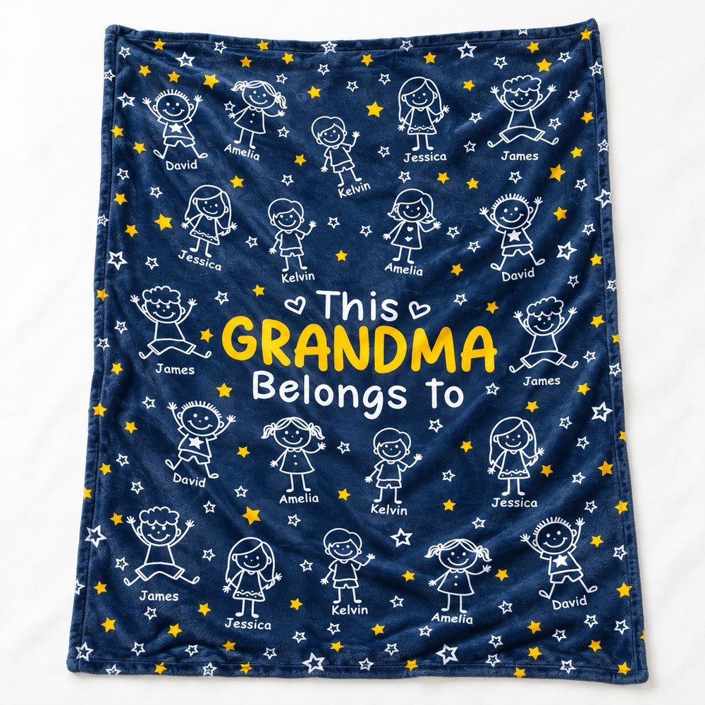 Close-up detail of plush fleece texture and stick figure print on Grandma blanket