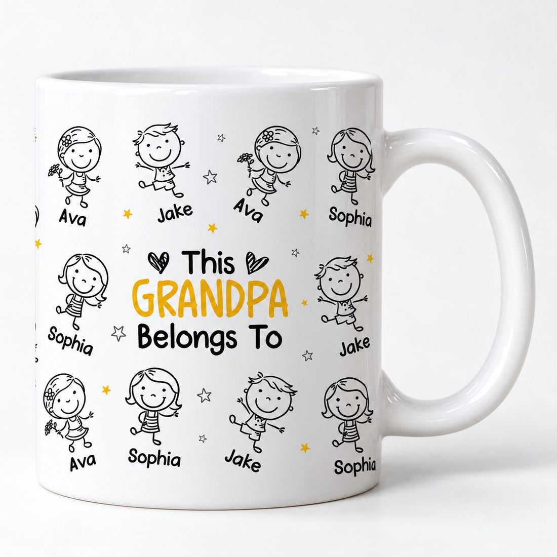Close up detail of This Grandpa Belongs To mug print and glossy ceramic finish