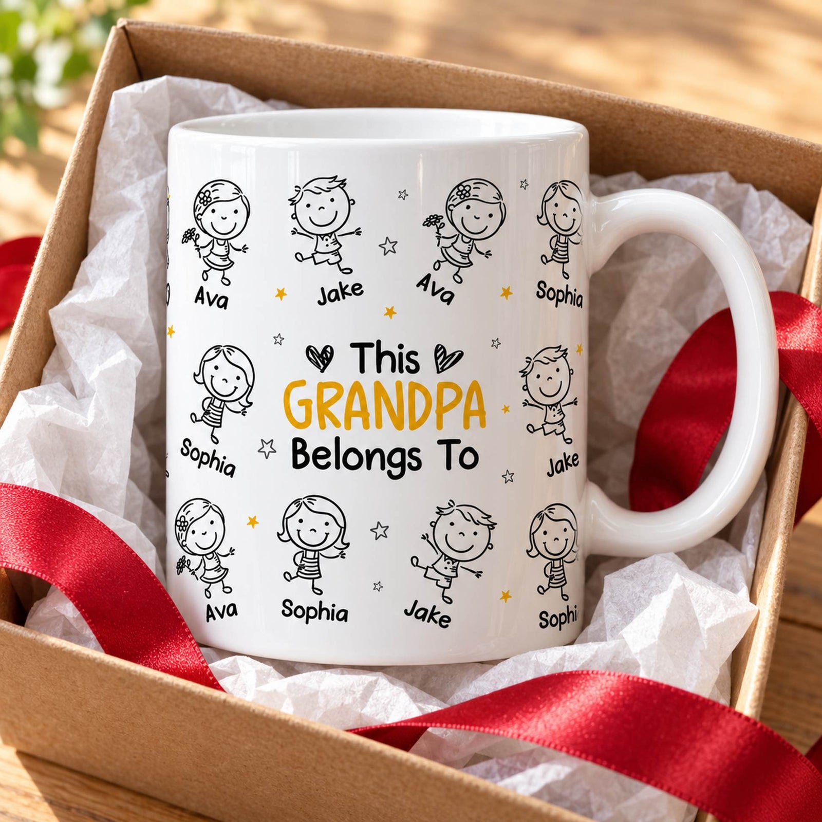 Personalized Grandpa mug in an open holiday gift box with tissue paper and red ribbon