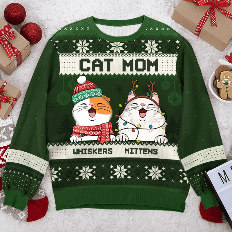 Cat Mom Cat Dad - Personalized Custom Ugly Sweatshirt Unisex Jumper - Funny Christmas Ugly Sweater Gifts For Cat Owners, Cat Lovers, Cat Mum, Cat Brother, Cat Sister - Suzitee Store