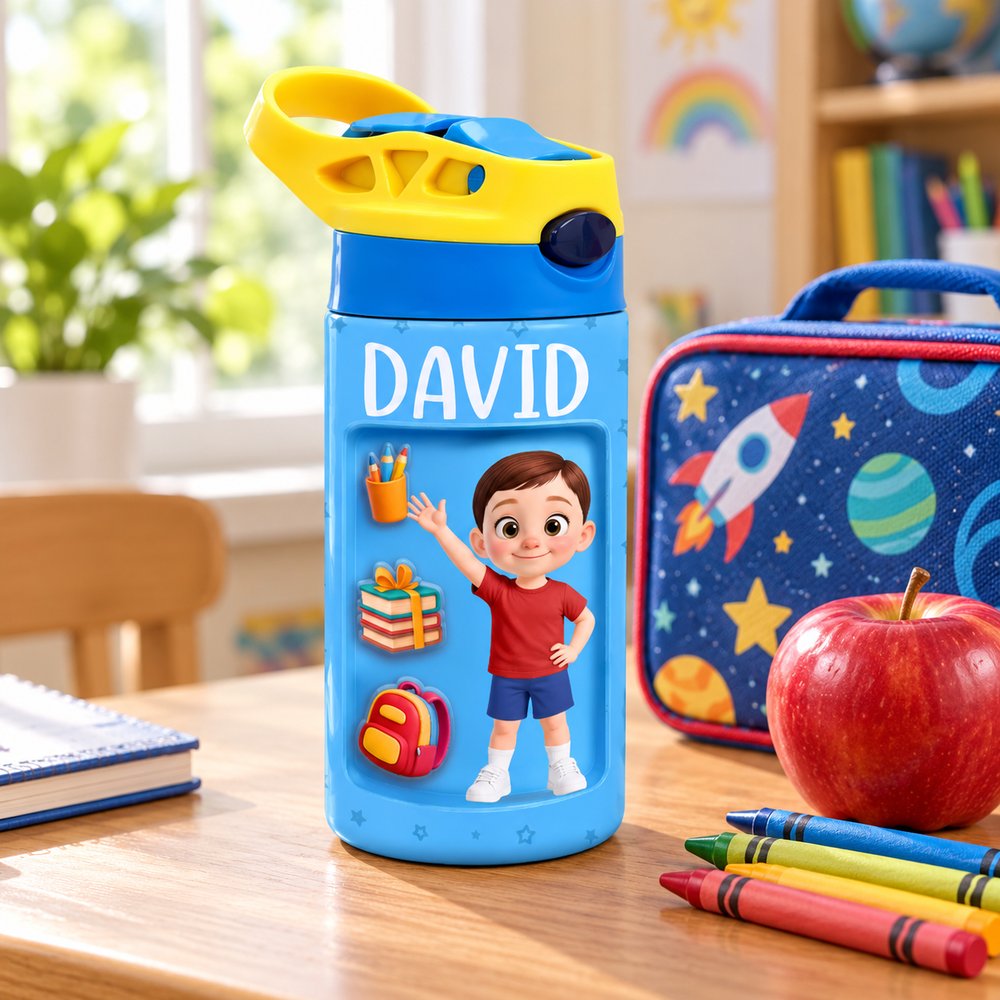 Blue personalized kids insulated water bottle next to lunchbox and apple for scale