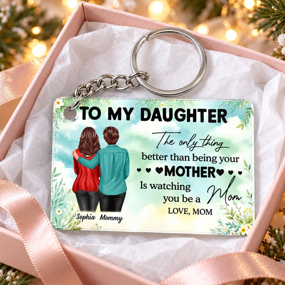 To My Daughter From Mom personalized acrylic keychain in a gift box with ribbon