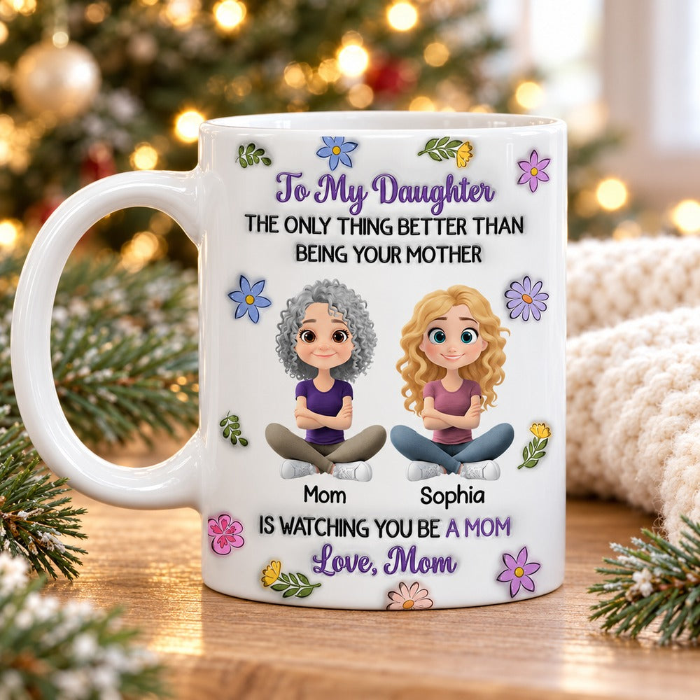 Personalized Mother's Day and holiday gift mug from Mom to Daughter in festive setting