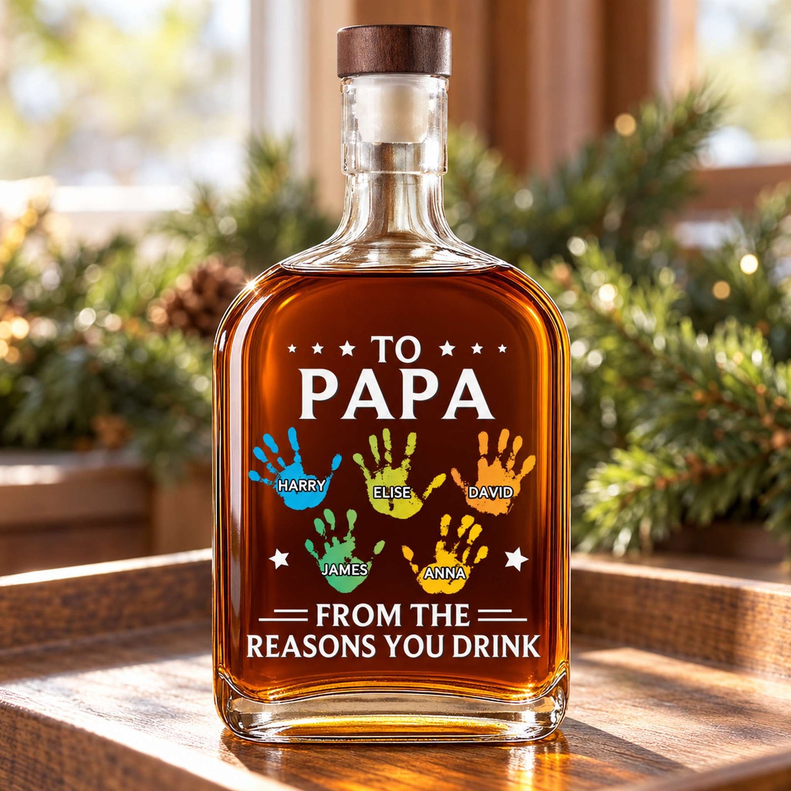 Custom To Papa From The Reasons You Drink whiskey decanter displayed on a home bar tray