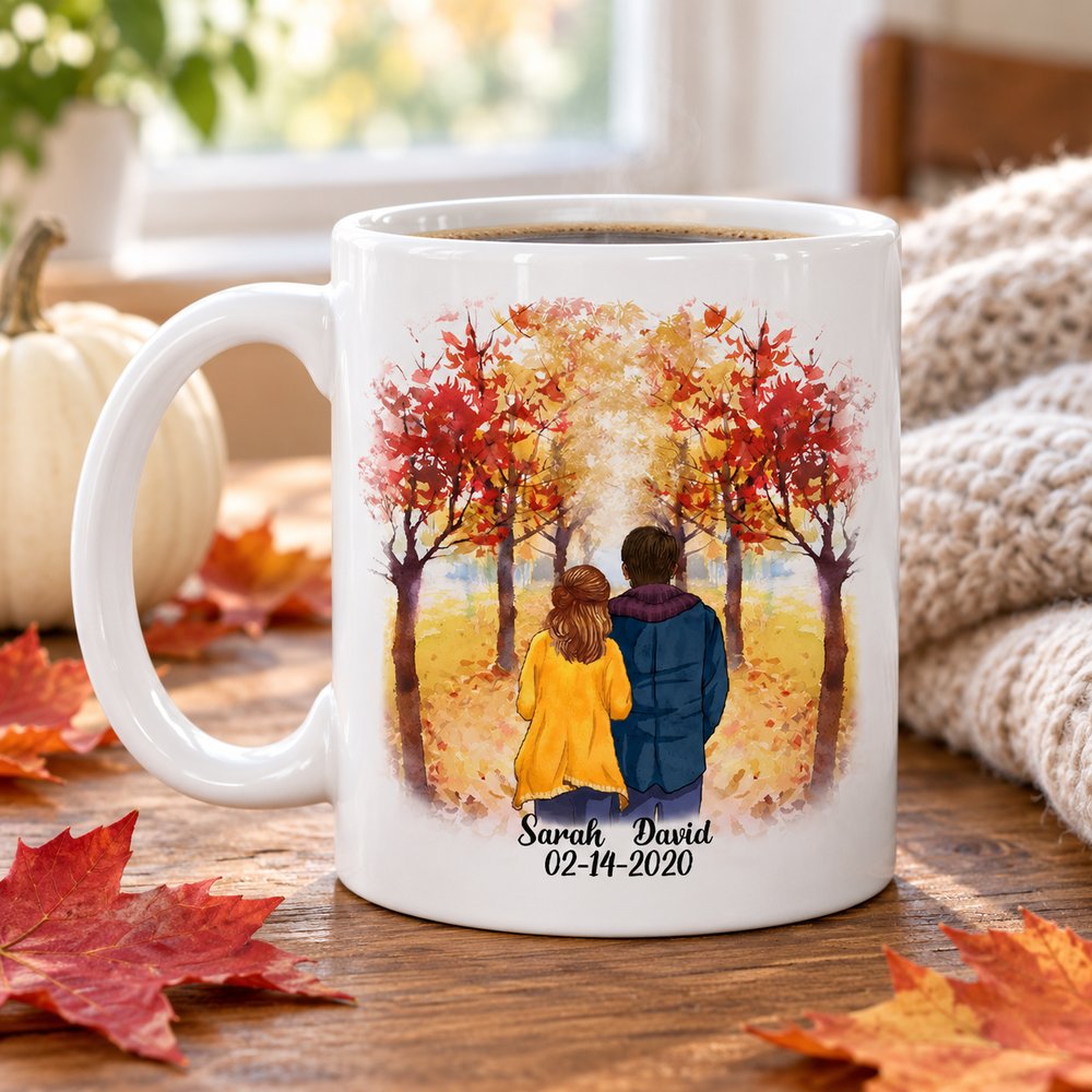 Personalized To My Husband autumn couple mug on wooden table with fall leaves