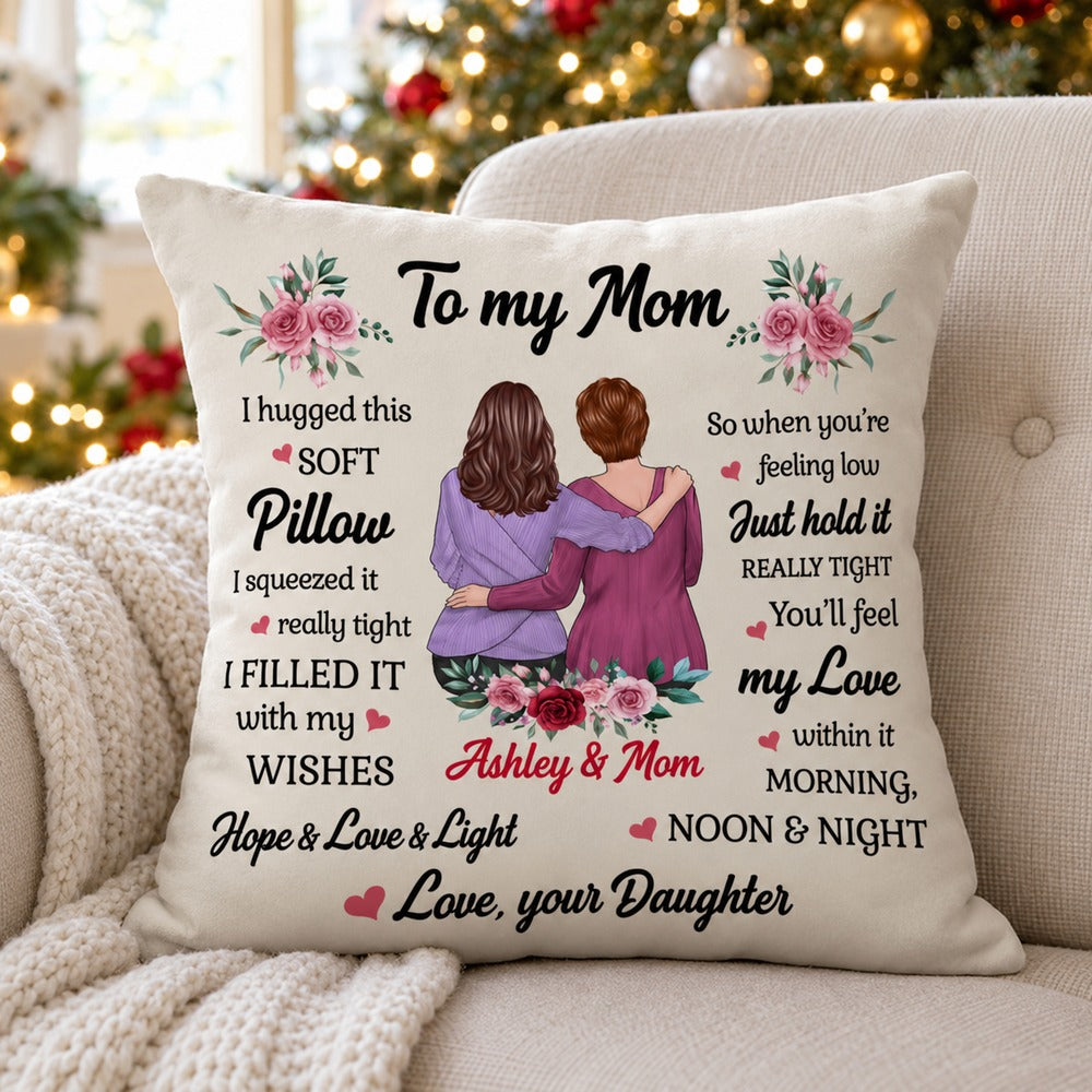 Personalized To My Mom pillow from daughter on armchair with holiday tree in soft background