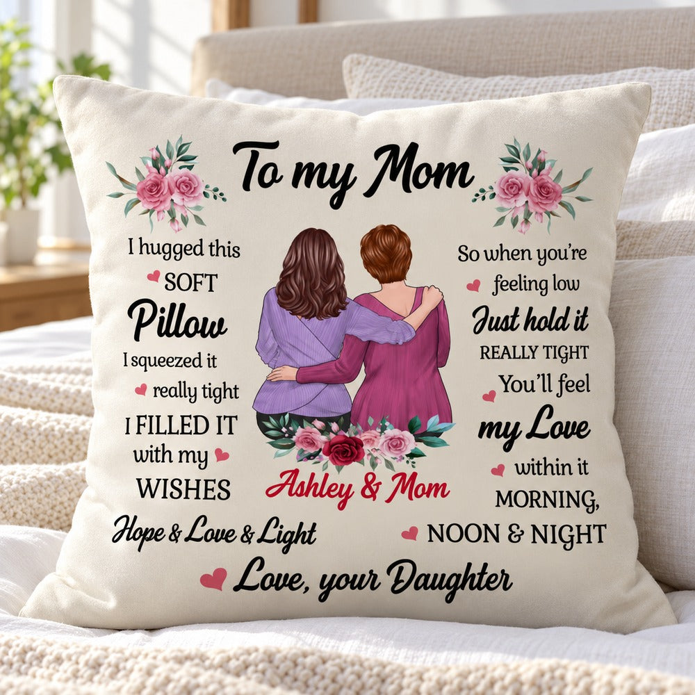Custom To My Mom throw pillow displayed on neutral linen bedding in bright bedroom