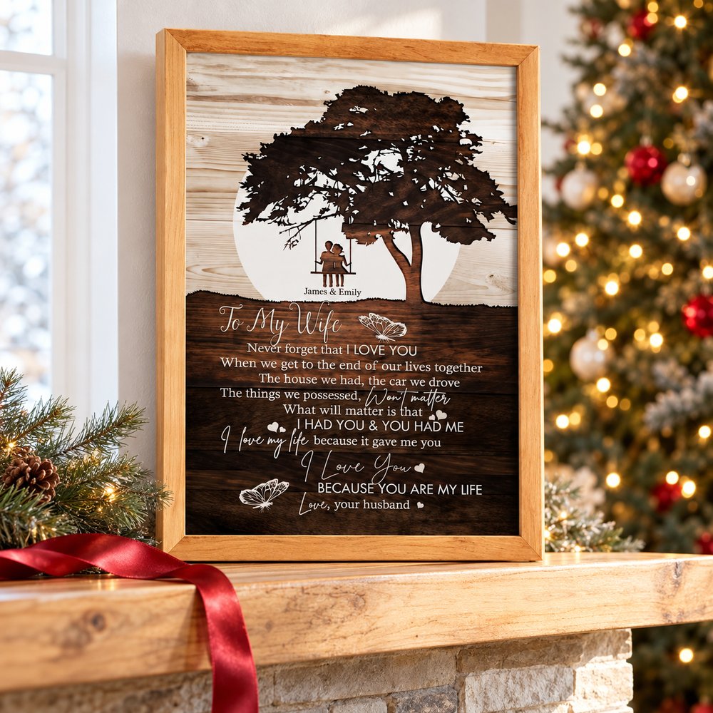 To My Wife personalized framed print displayed on a bright holiday mantel near a Christmas tree