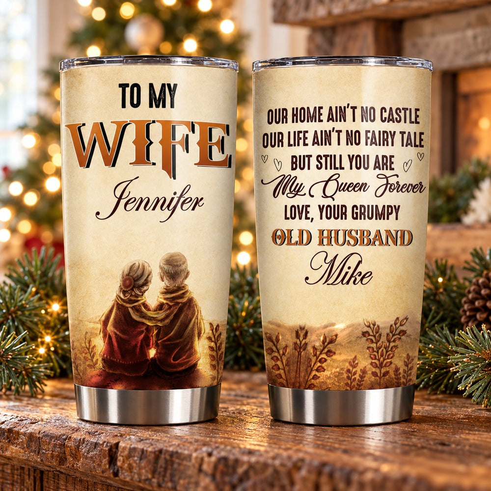 Personalized To My Wife 20oz fat tumbler front and back on holiday mantel with pine garland