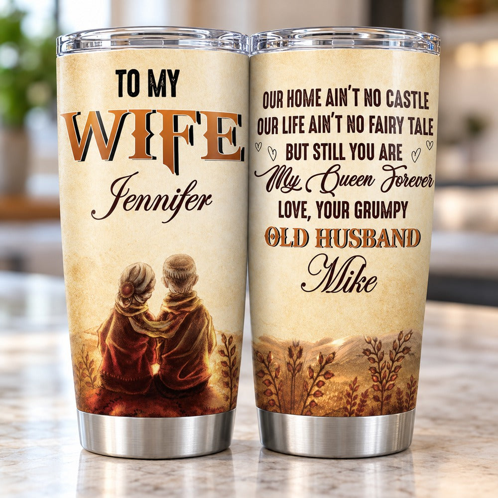 Close-up detail of personalized wife tumbler print texture and stainless steel base