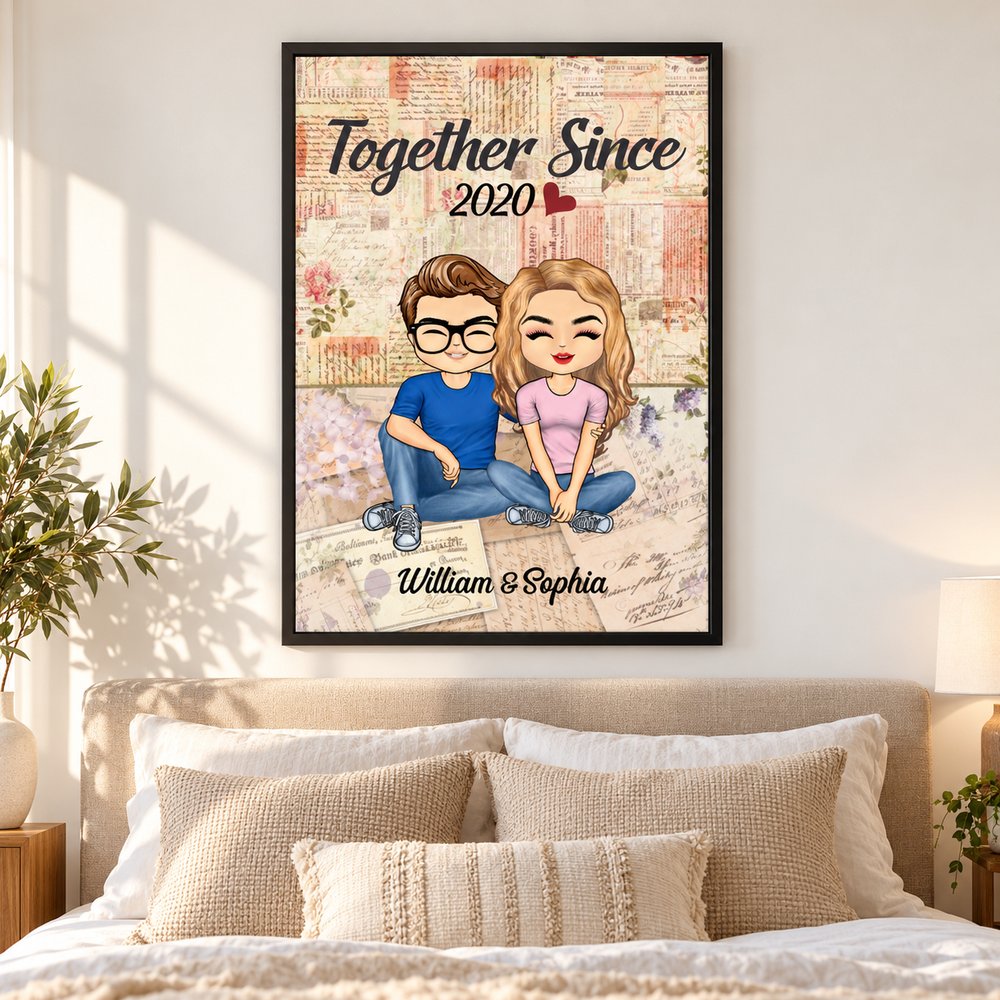 Personalized Together Since husband wife framed poster hanging on bedroom wall