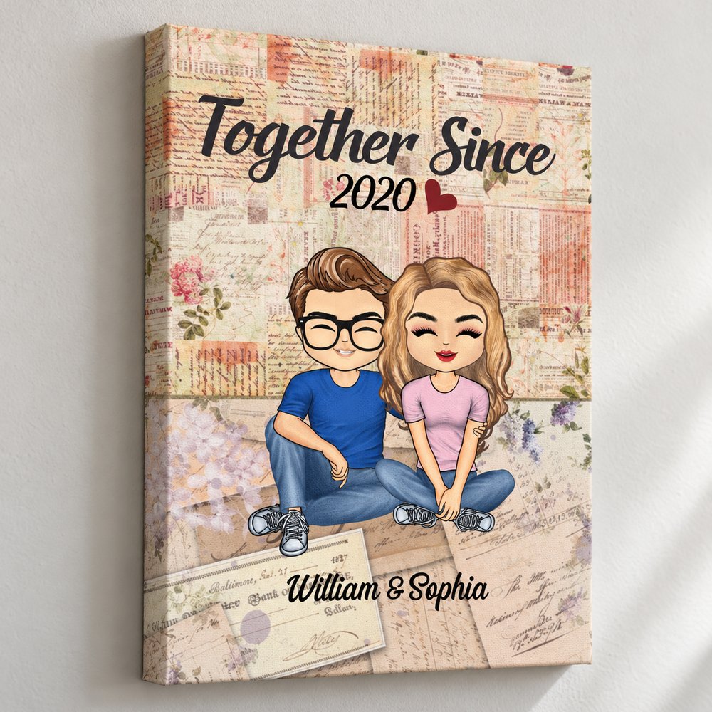 Close up detail of personalized couple canvas print texture and vintage background