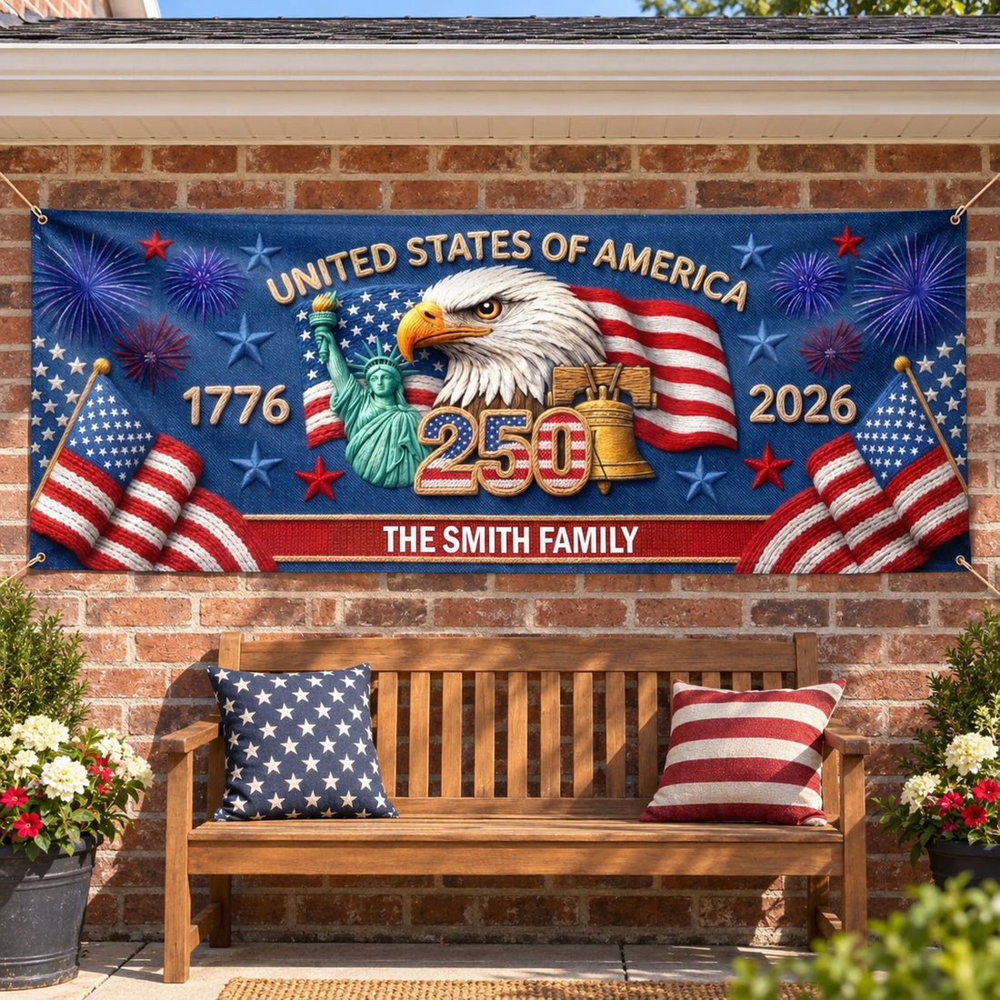 Size comparison of 60x20 inch personalized patriotic family outdoor banner above a patio bench