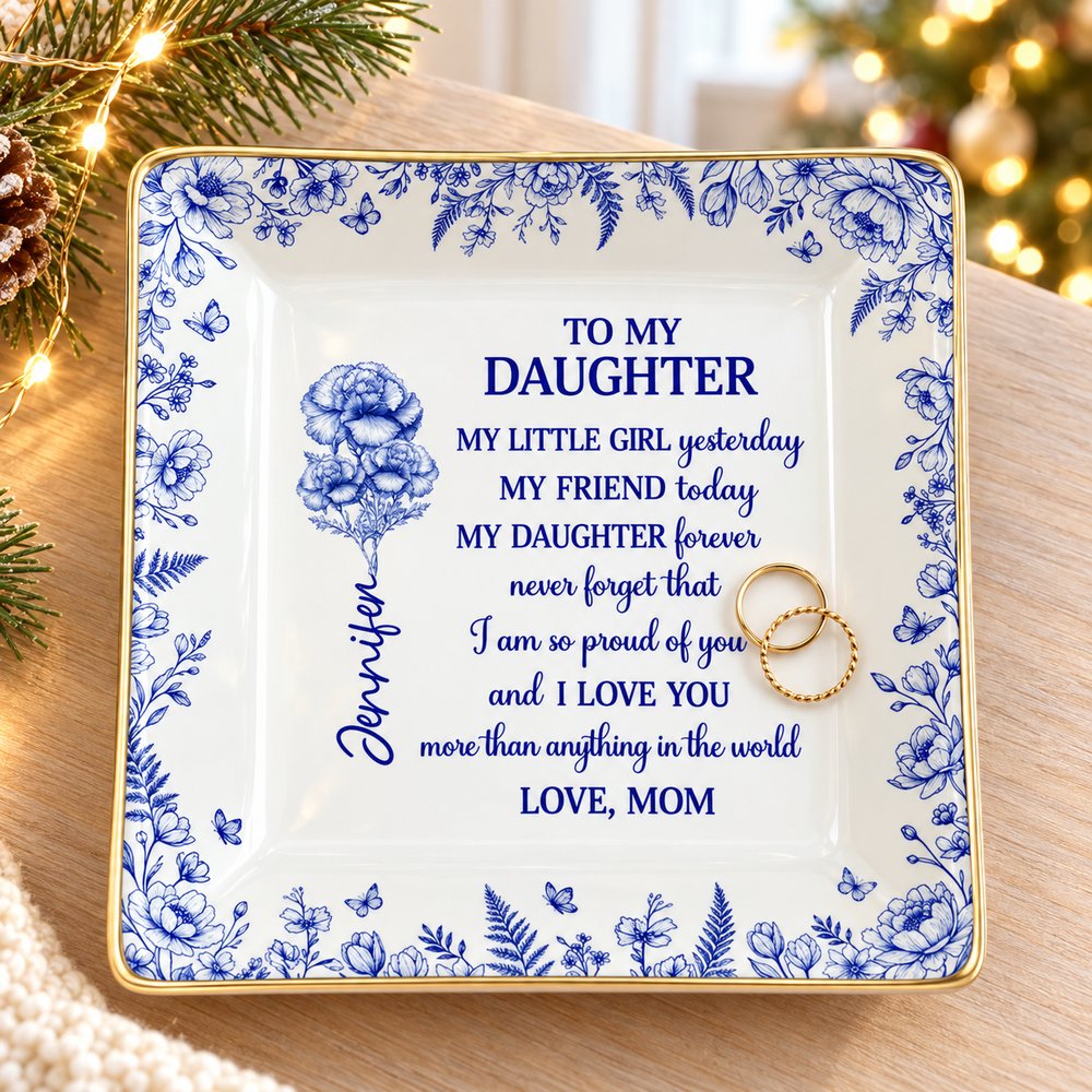 Personalized toile birth flower daughter jewelry dish on a holiday bedroom vanity