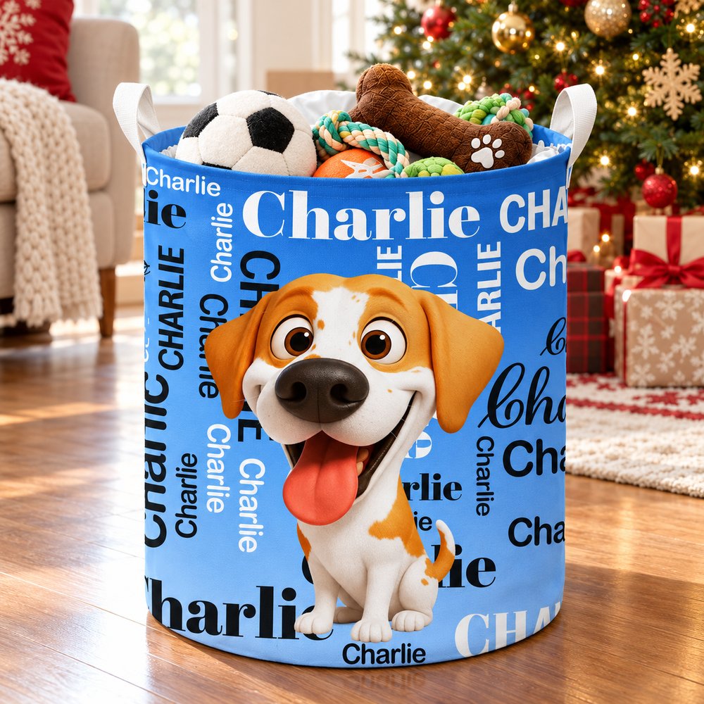 Personalized Charlie dog toy basket with plush toys beside a Christmas tree in a bright living room