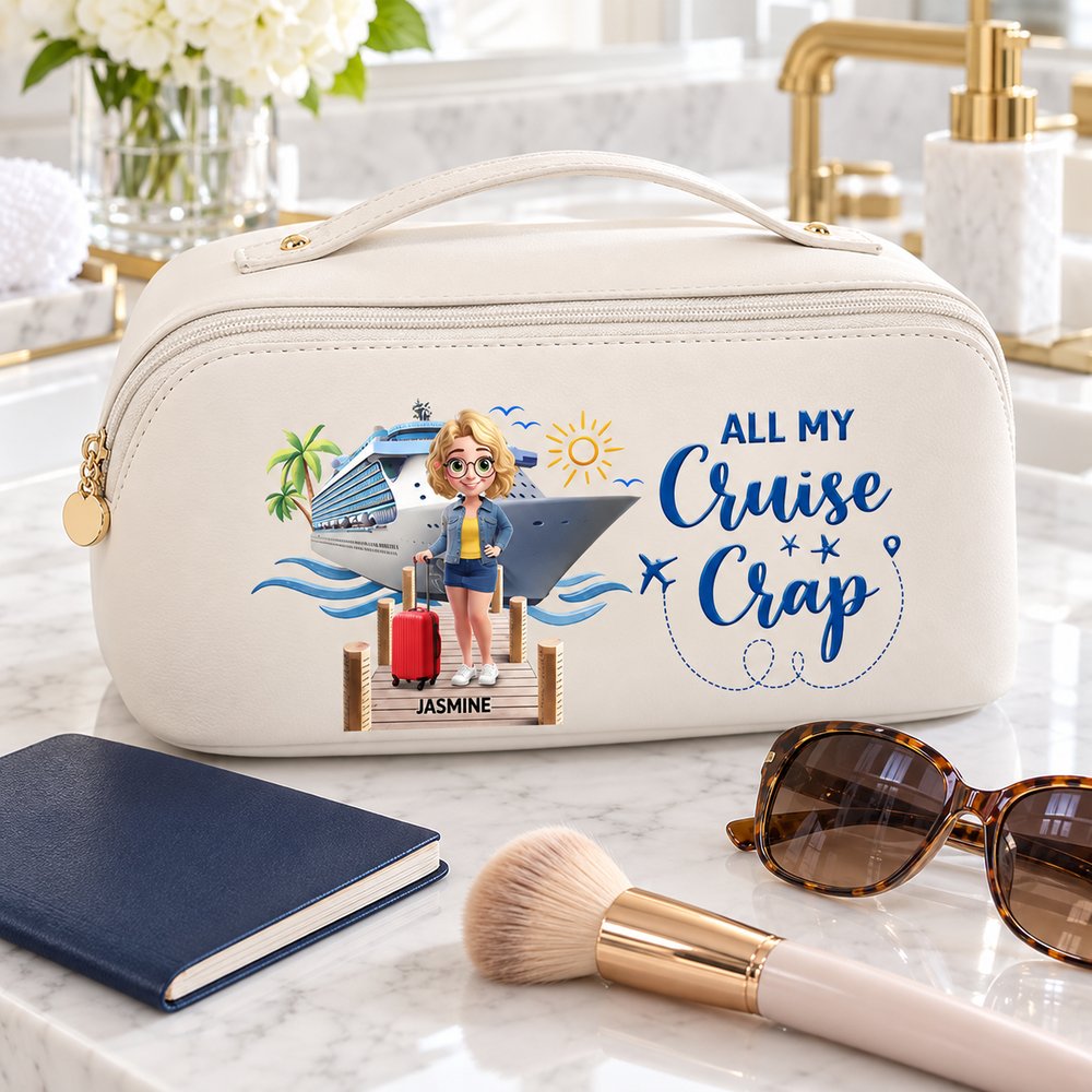 Personalized leather makeup bag shown next to a passport and sunglasses for size scale