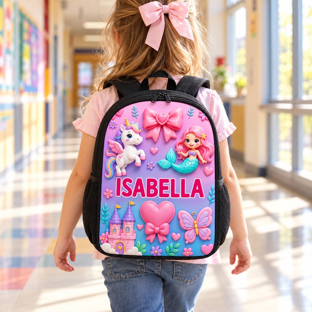 Young girl wearing personalized unicorn mermaid kid backpack in a bright school hallway
