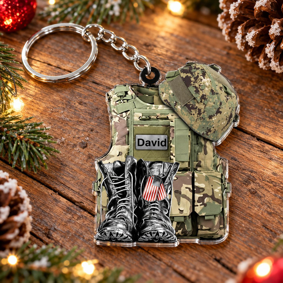 Personalized veteran acrylic keychain lying flat on a festive Christmas wooden table