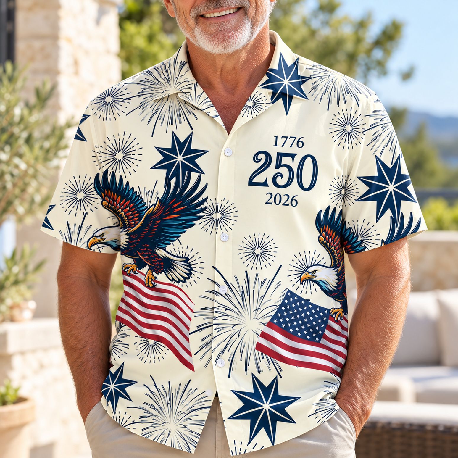 Grandpa wearing USA 250 Anniversary 1776-2026 eagle Hawaiian shirt outdoors