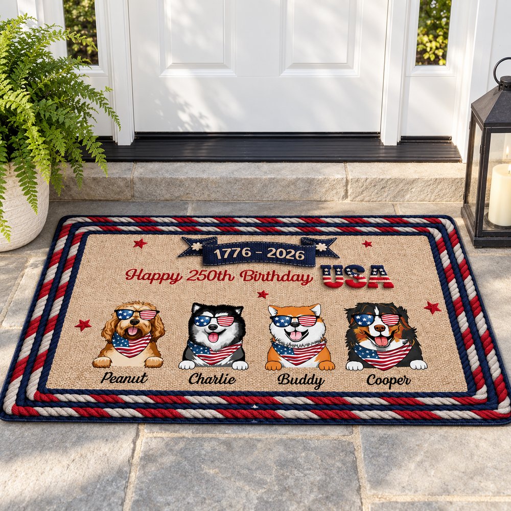 USA 250th Birthday personalized dog doormat lying flat at a bright front porch entryway