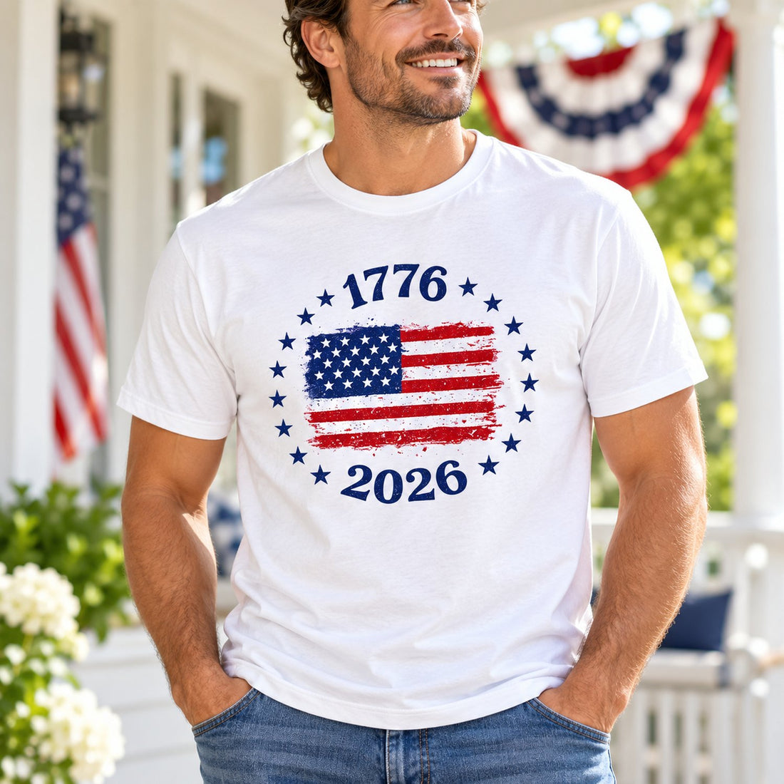 Man wearing the white 1776 2026 American 250th Anniversary flag t-shirt outdoors in natural daylight