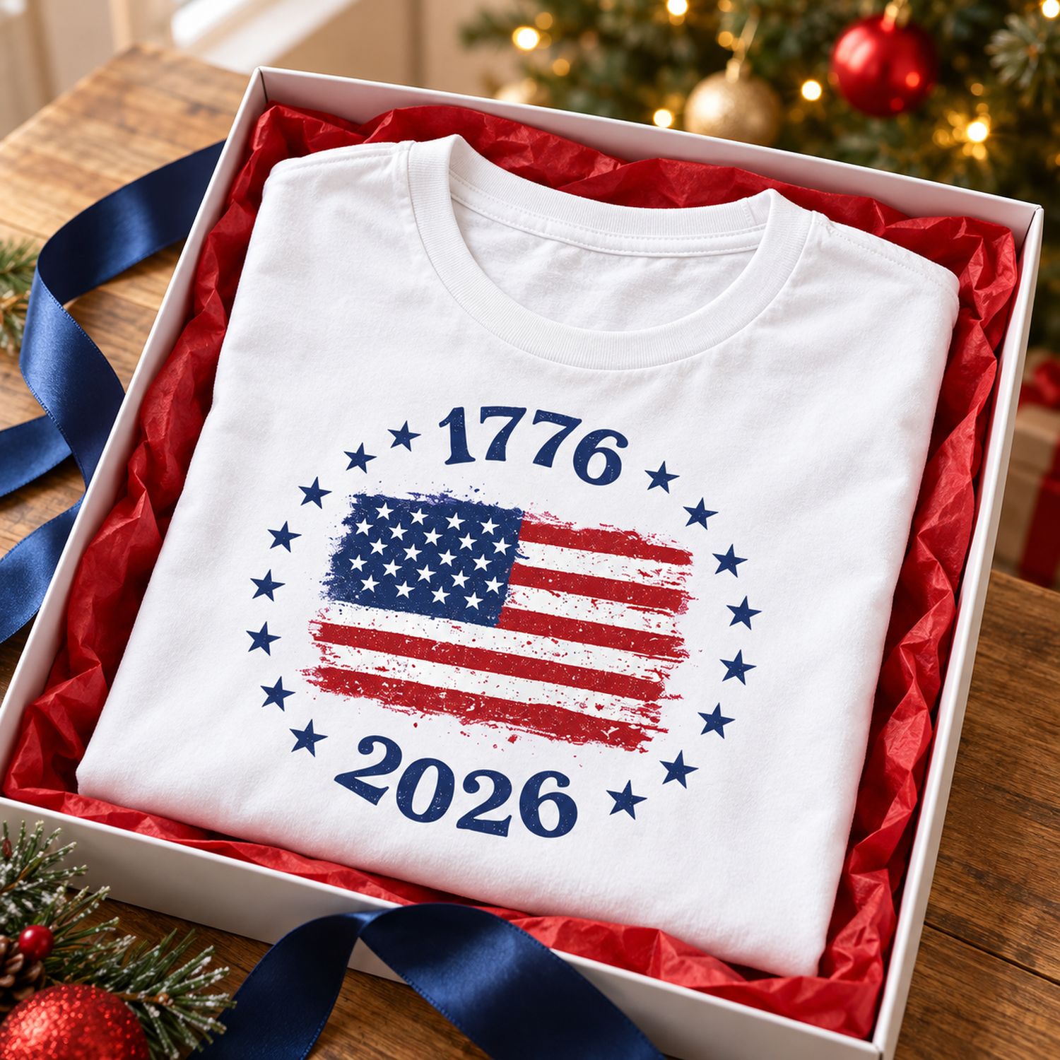 Folded 1776 2026 USA Flag 250th Anniversary t-shirt in an open holiday gift box with ribbon