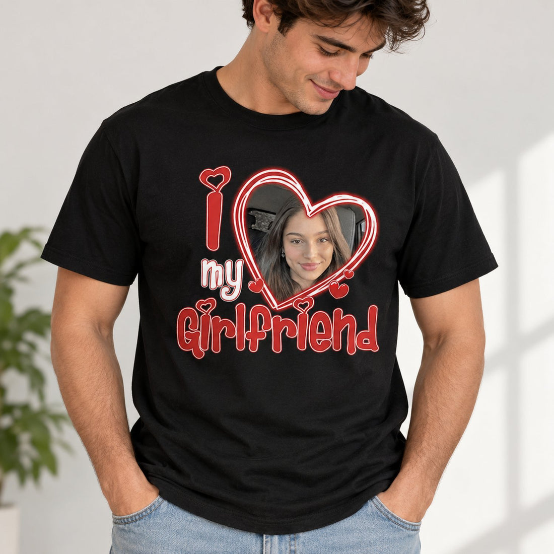Close-up detail of Custom Photo I Love My Girlfriend print and heart frame on black cotton shirt