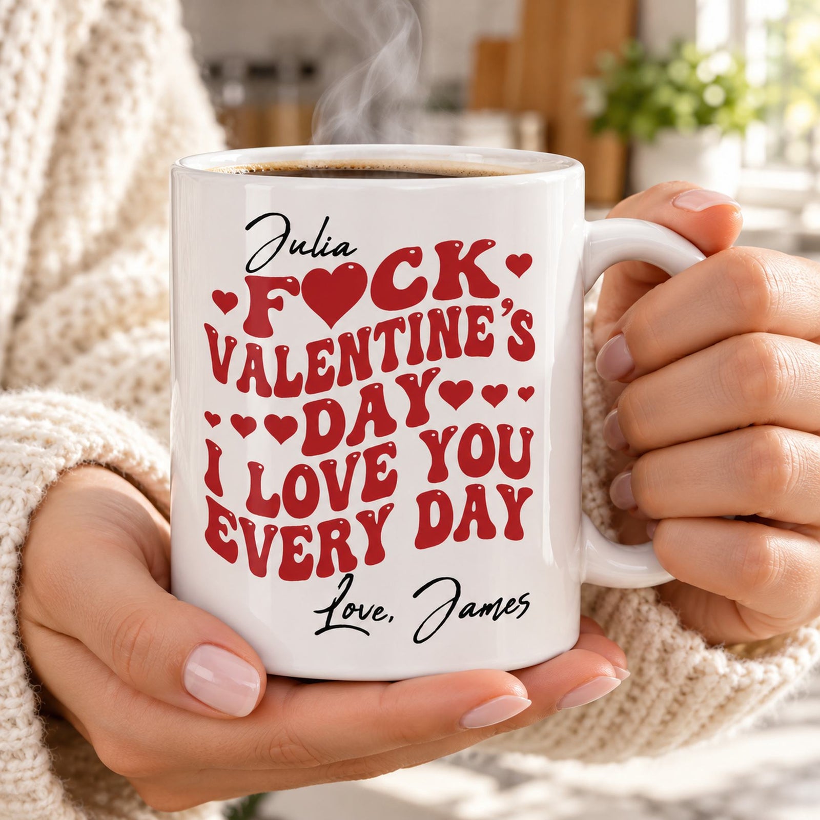 Personalized Couple Valentine Mug held in hands with warm coffee in a bright kitchen