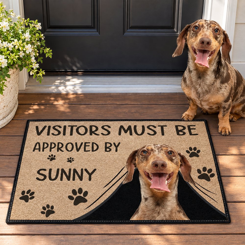 Personalized visitors must be approved by dog doormat at a front door with a dog