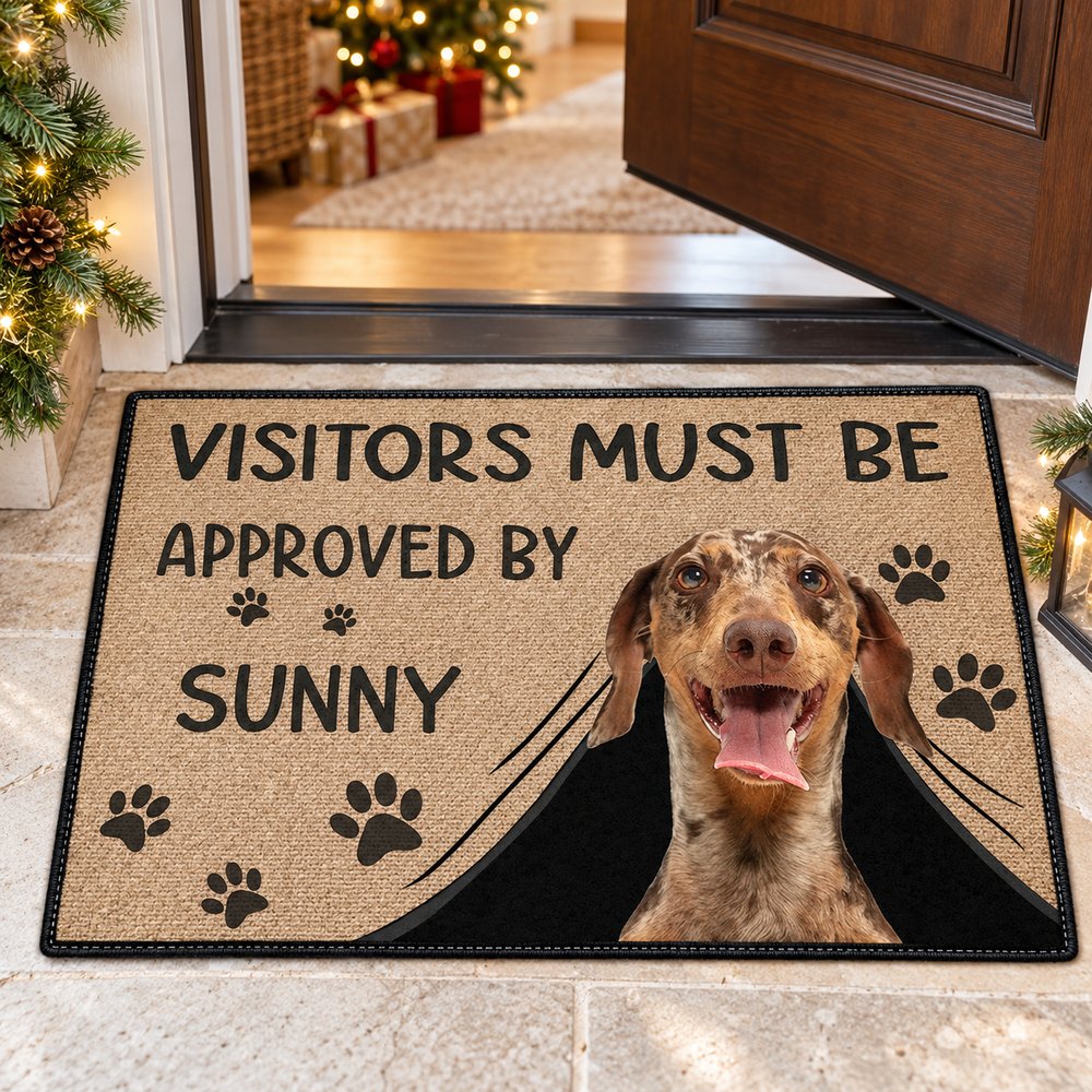 Custom dog photo doormat in a festive holiday entryway with Christmas decor