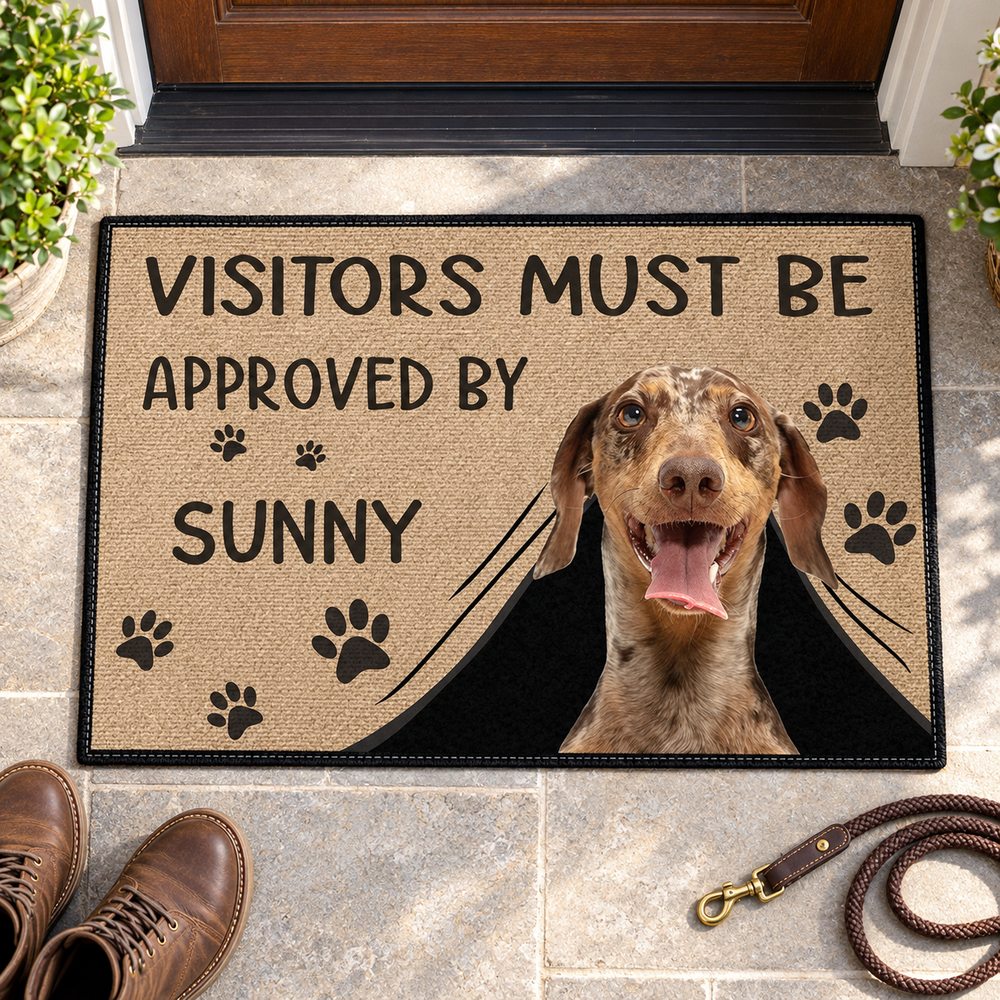 Custom dog doormat next to adult boots showing real size at entryway