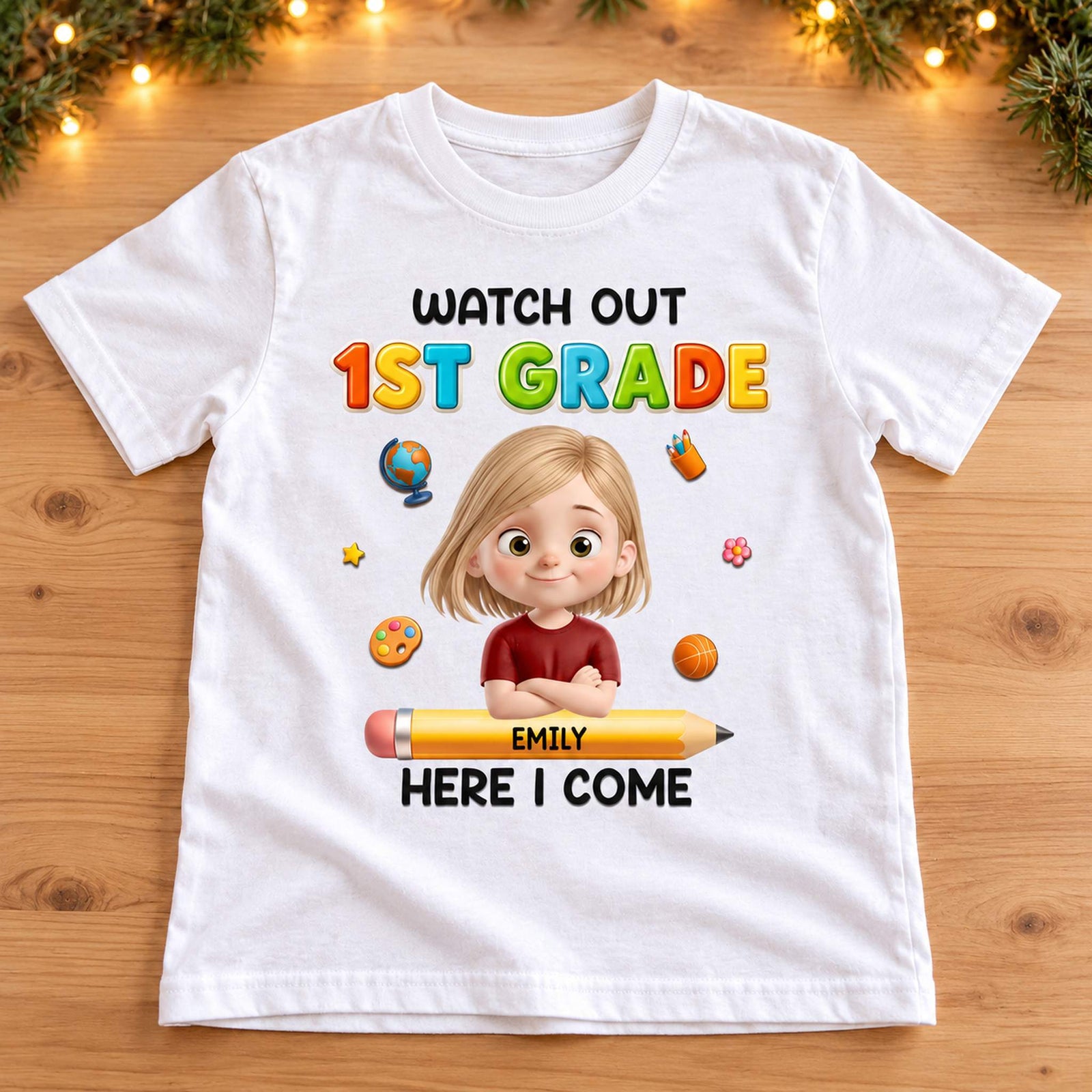 Personalized Watch Out 1st Grade kid t-shirt laid flat with soft holiday greenery in the background