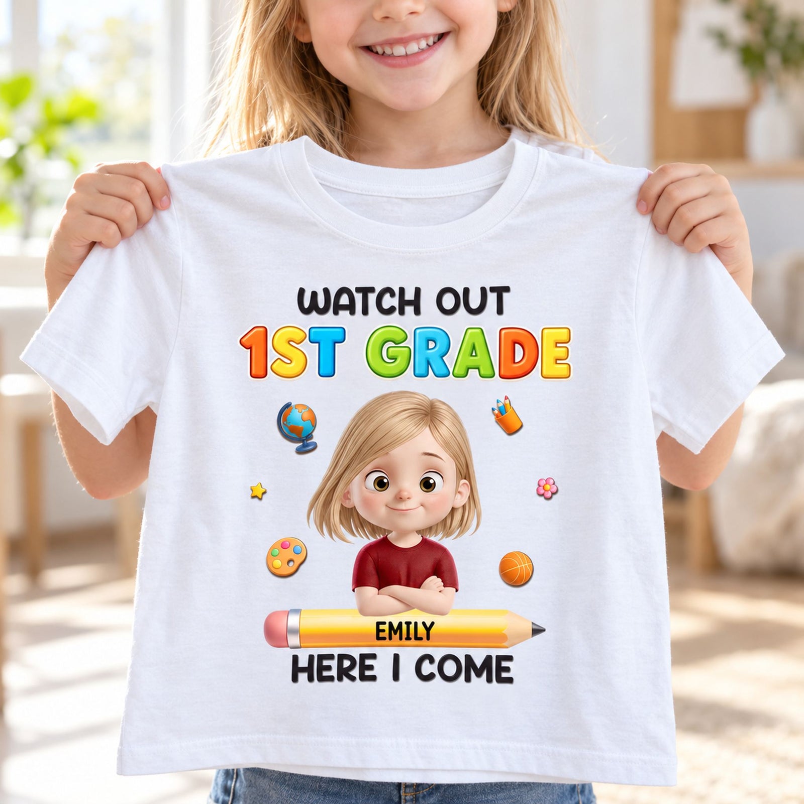 Excited young daughter holding up her personalized Watch Out 1st Grade Here I Come t-shirt