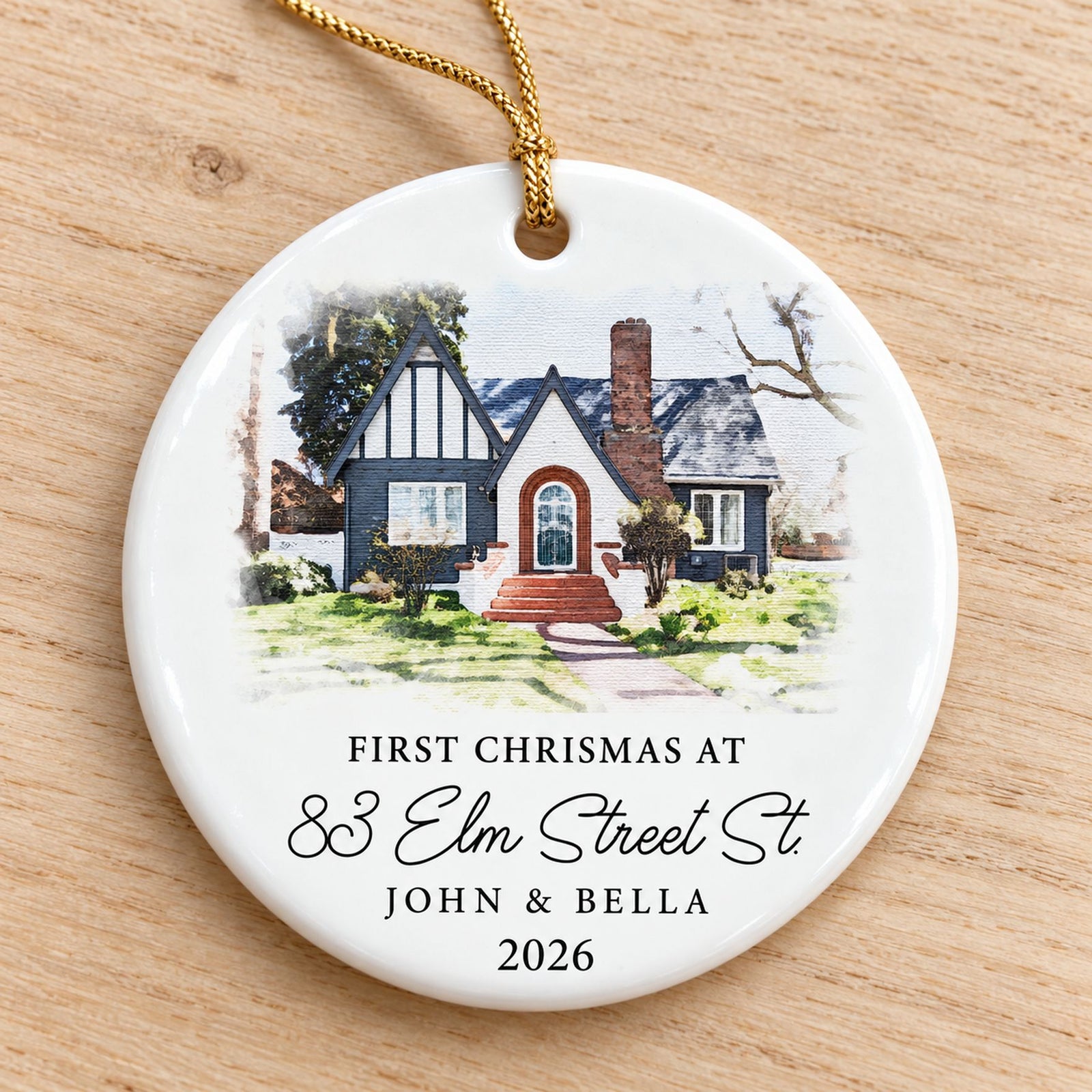 Close up detail of glossy ceramic ornament surface and custom watercolor house print