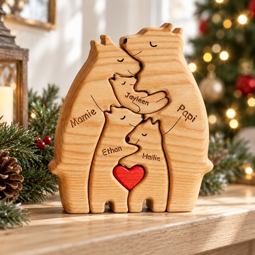 Wooden Bear Family Puzzle with custom names standing on a holiday mantelpiece