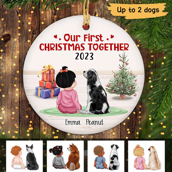 First Christmas Together Baby & Dog - Personalized Circle Ceramic Ornament - New 1st Baby Gift