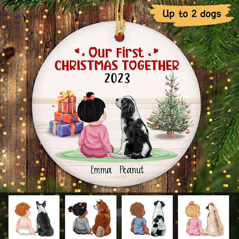 First Christmas Together Baby &amp; Dog - Personalized Circle Ceramic Ornament - New 1st Baby Gift