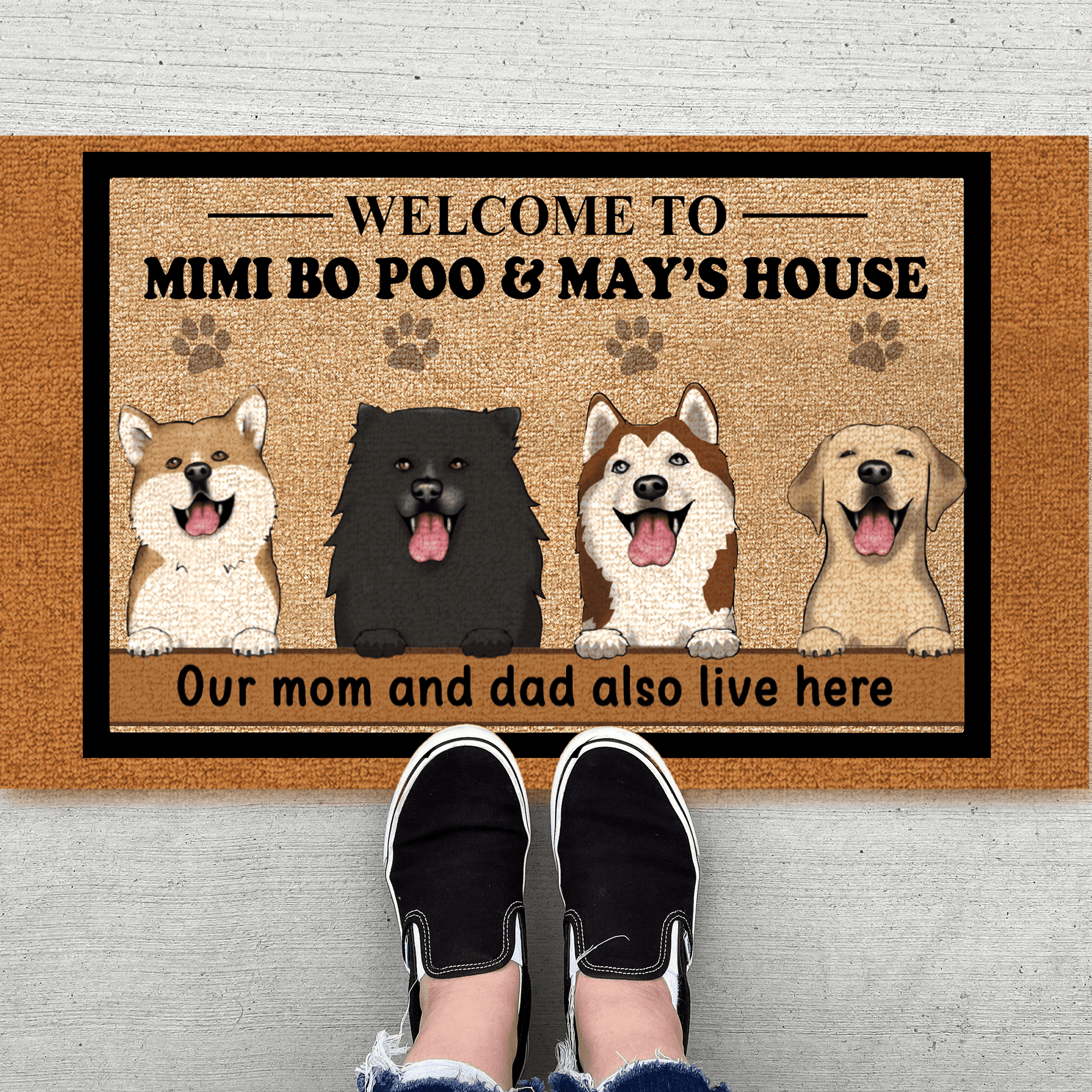 Welcome to Dog's House, the Humans live here too! - Personalized Doormat - Birthday, Housewarming, Funny Gift for Homeowners, Friends, Dog Mom, Dog Dad, Dog Lovers, Pet Gifts for Him, Her - Suzitee Store