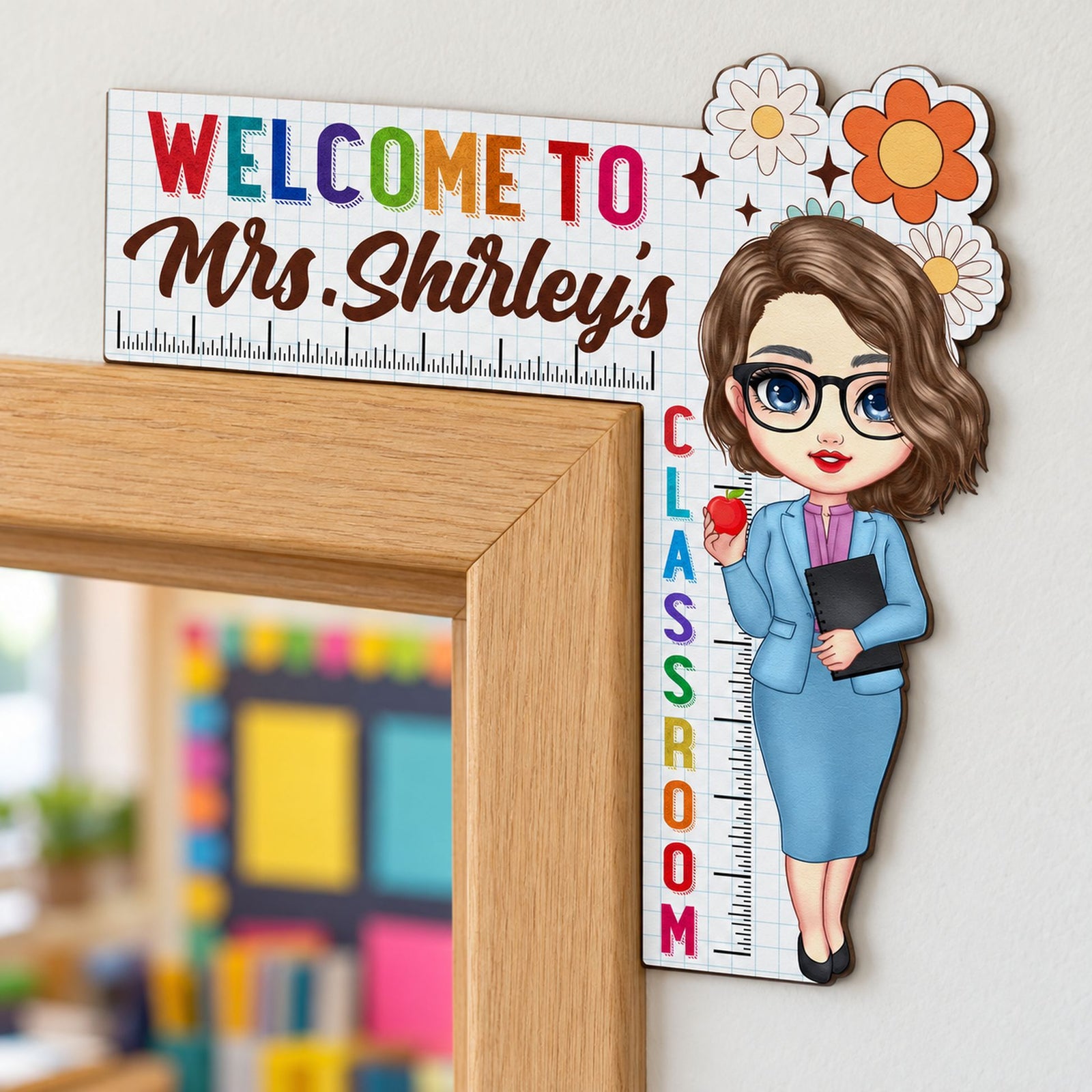Personalized teacher door corner wood sign mounted on a classroom wooden door frame
