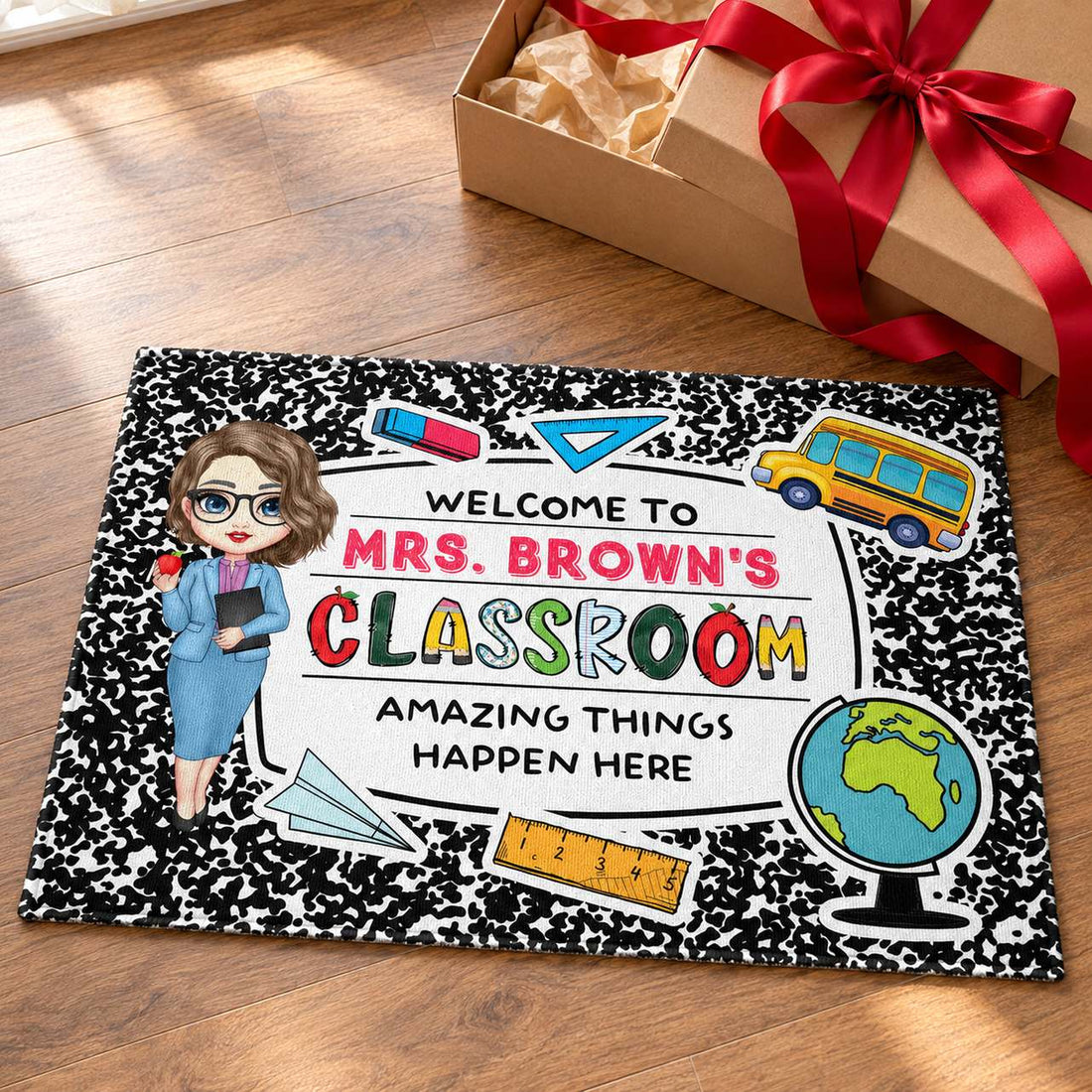 Personalized teacher doormat presented with a festive ribbon and gift box