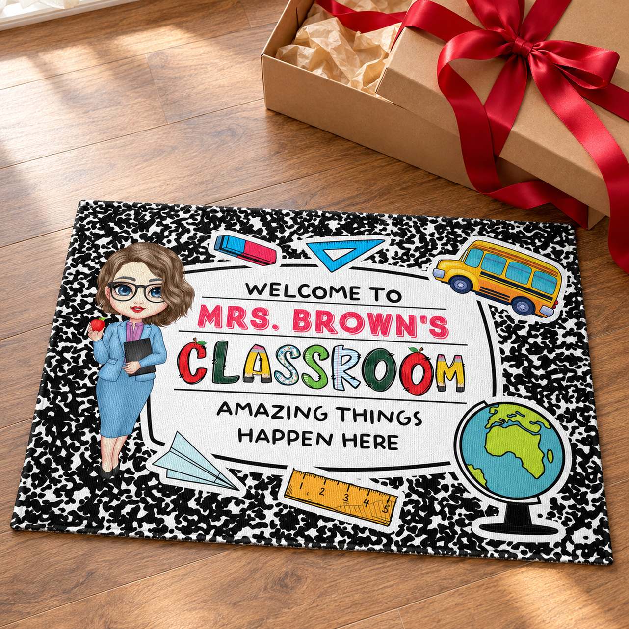 Personalized teacher doormat presented with a festive ribbon and gift box