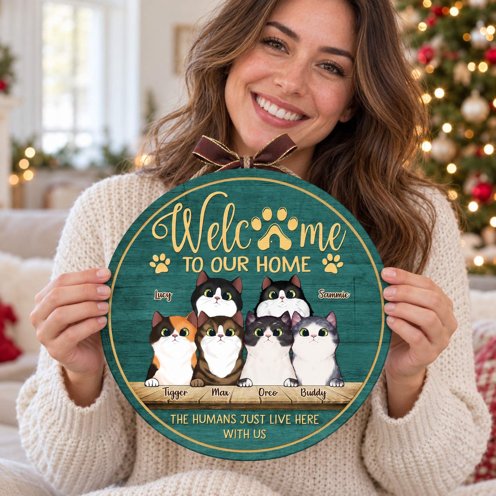 Cat mom holding personalized peeking cats round wood sign