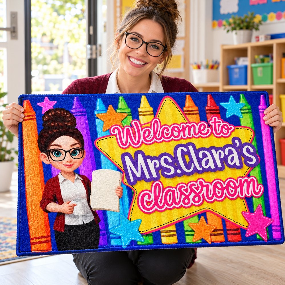Female teacher holding her personalized Welcome to Mrs Claras classroom crayon doormat