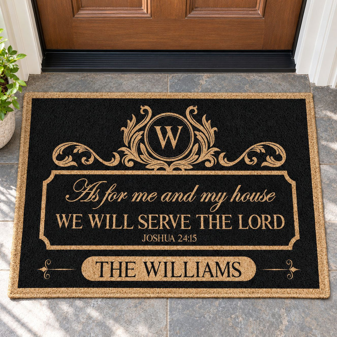 Close-up detail of polyester felt texture and monogram print on personalized Christian doormat