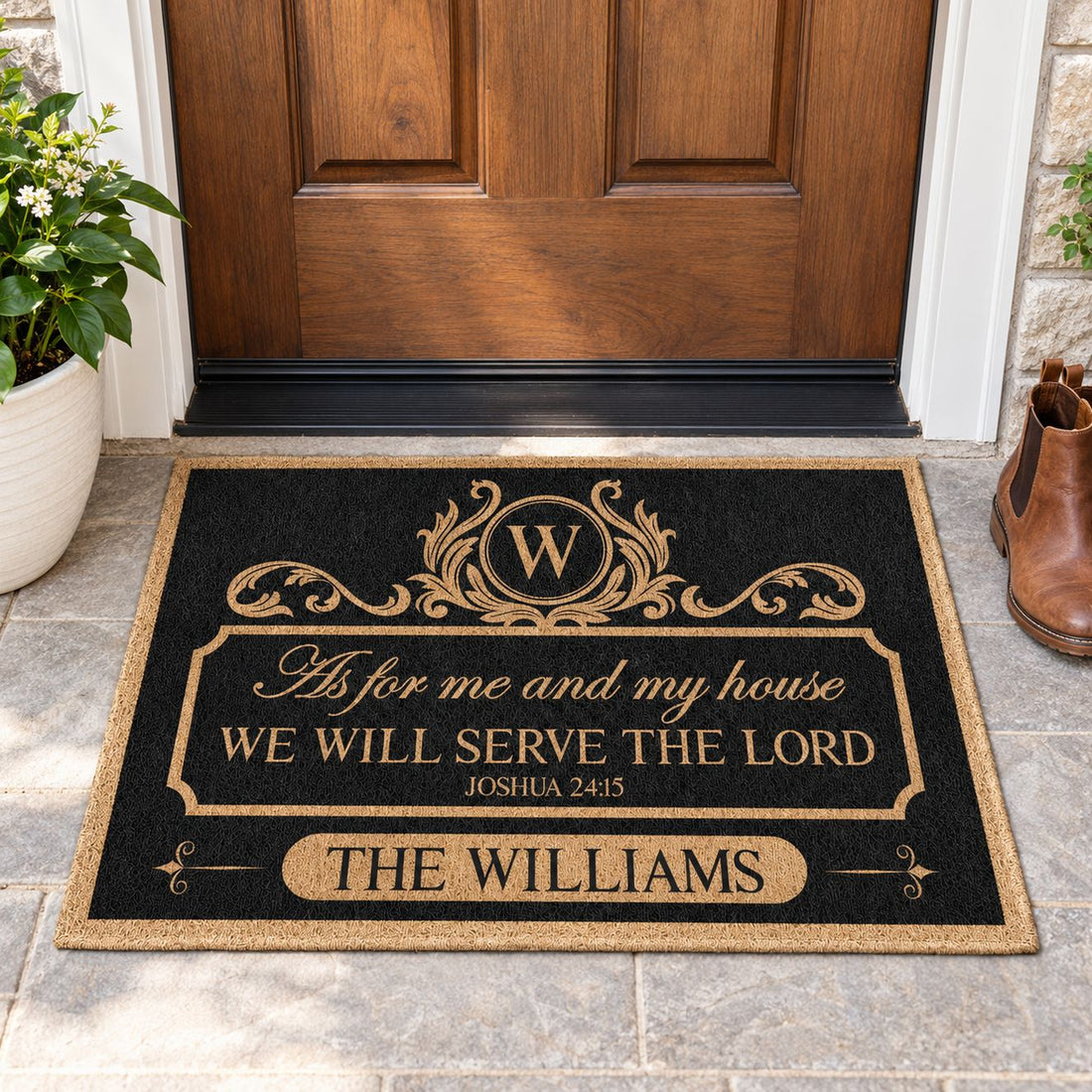 Size comparison of 30x18 inch personalized family doormat next to adult boots at front door